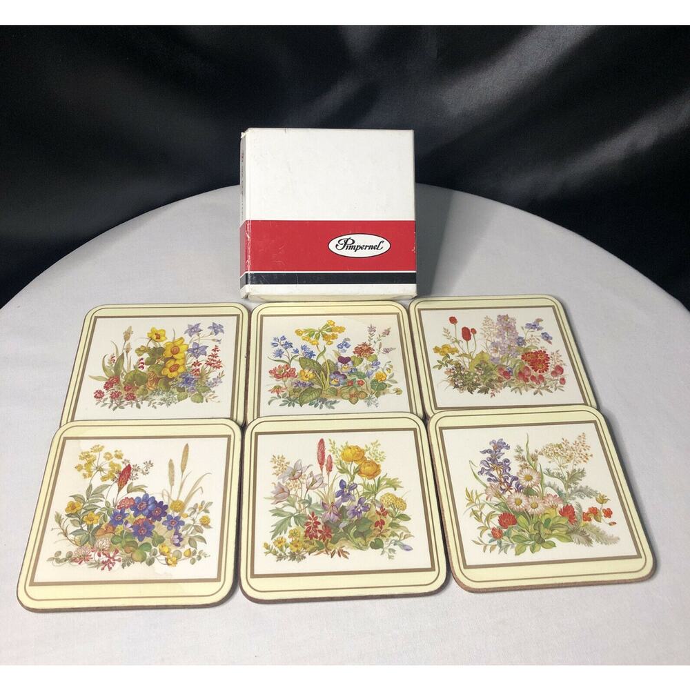 Pimpernel Meadow Flowers Square 4.25" Acrylic Cork Backed Coasters 6pcs Vintage